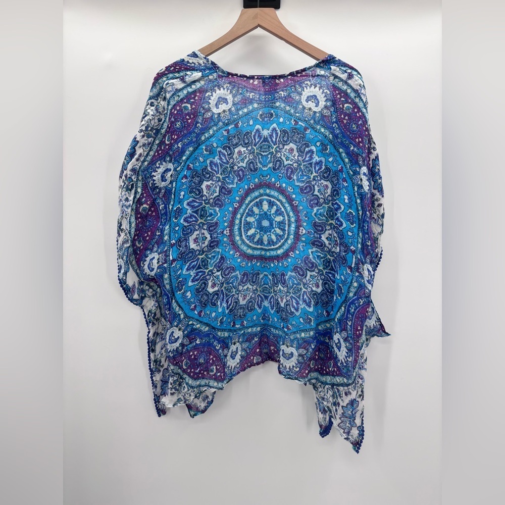Chico's Medallion Print Kimono Swim Coverup Linen in Blue/Purple Size L/XL